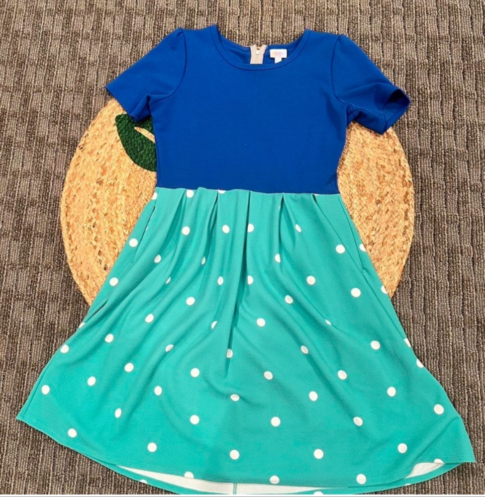 🆕Lularoe Amelia Dress Blue & Teal Green Polka Dot Pleated Dress Size XL